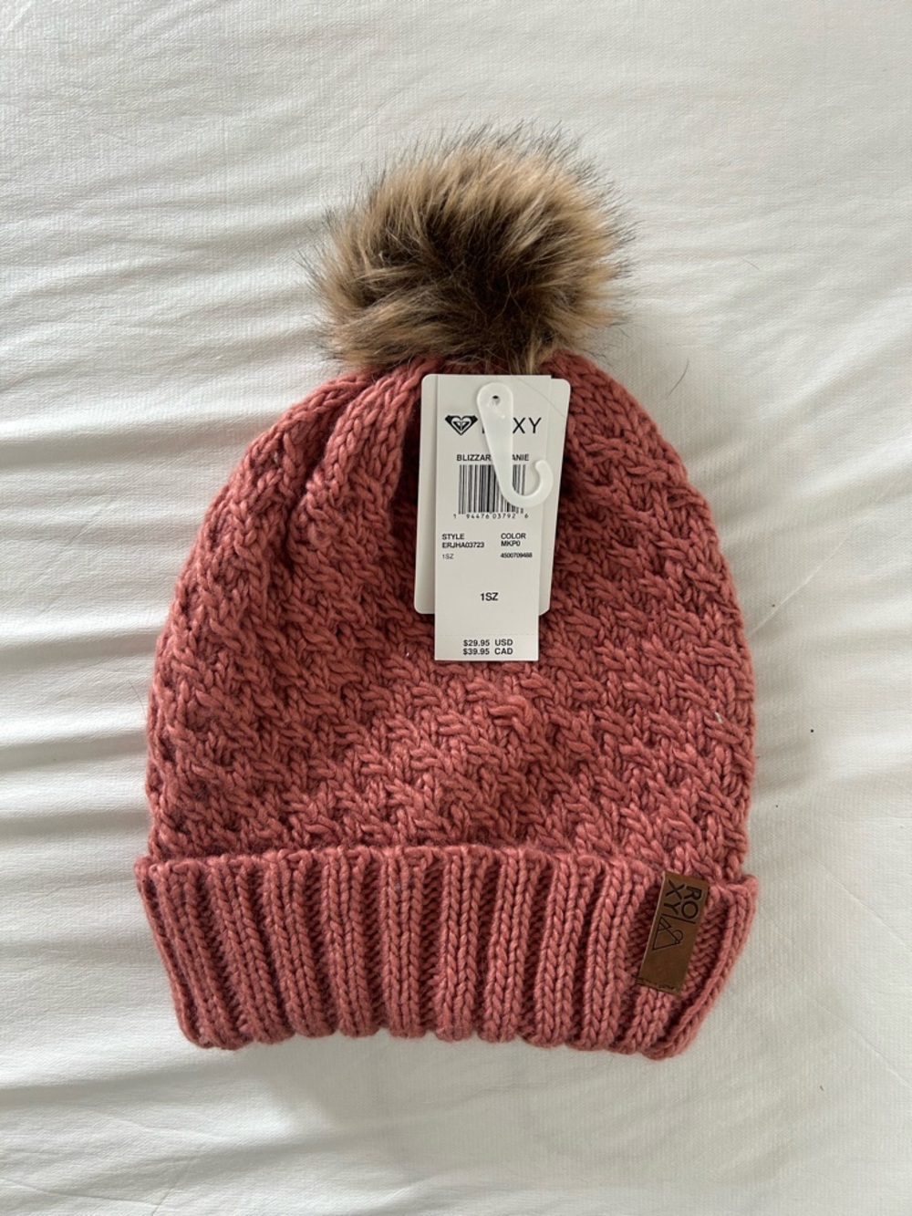 Roxy Dusty Rose Knit Beanie with Faux Fur Pom